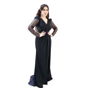 Lycra Lace Sleeves Evening Dress T4400-1