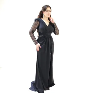 Lycra Lace Sleeves Evening Dress T4400-2