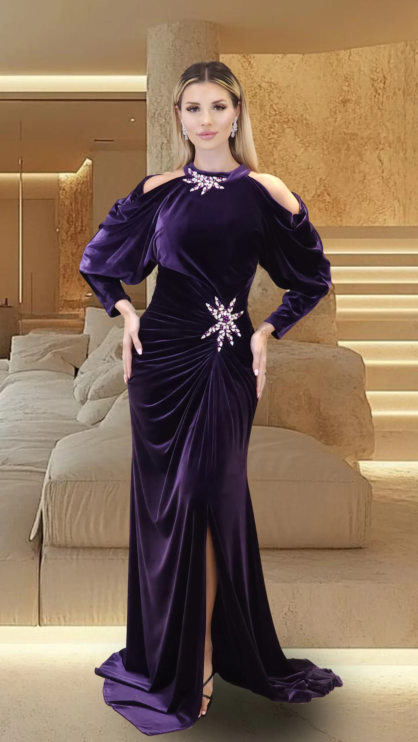 Velvet Embroidered Evening Dress