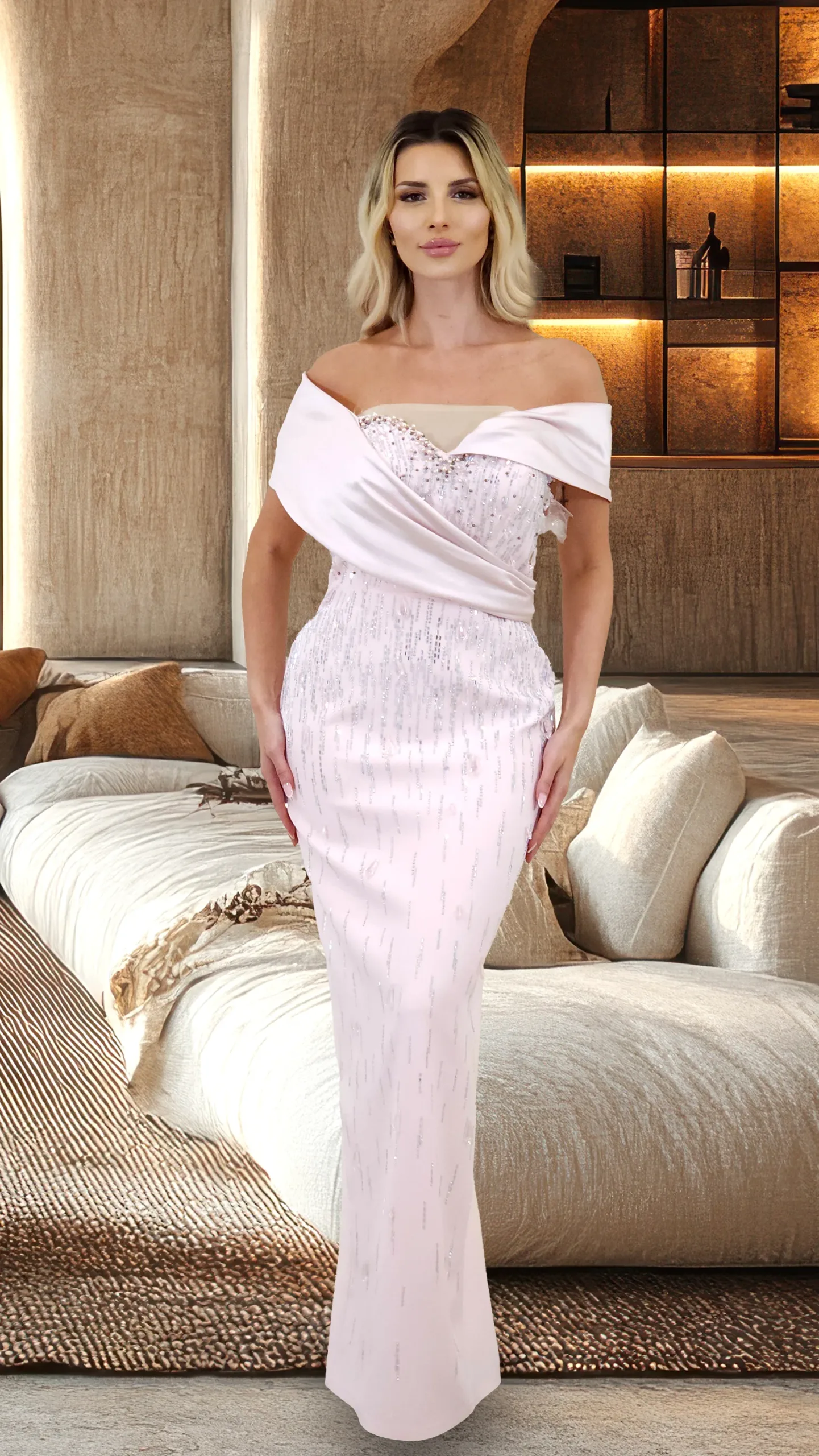 Crepe Evening Dress With White Pearls